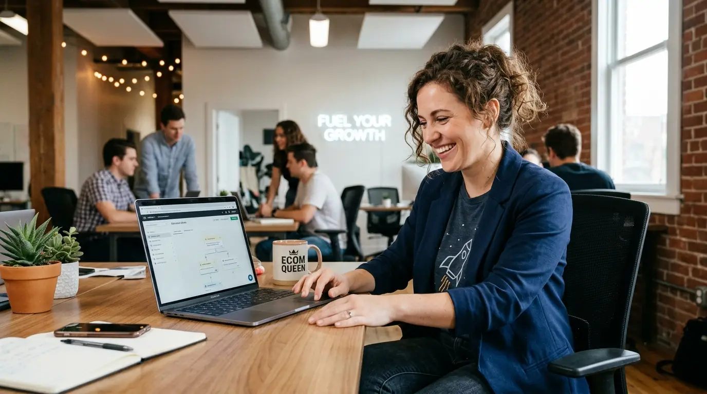 ecommerce store owner smiling setting up email automation on