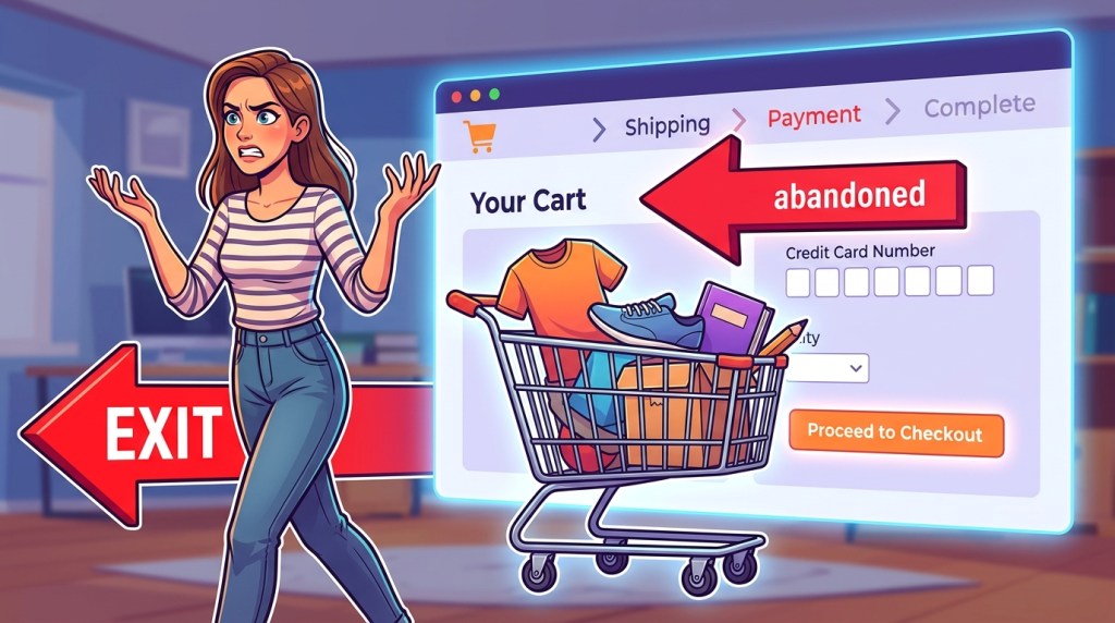 shopping cart abandonment concept: full cart with exit arrow