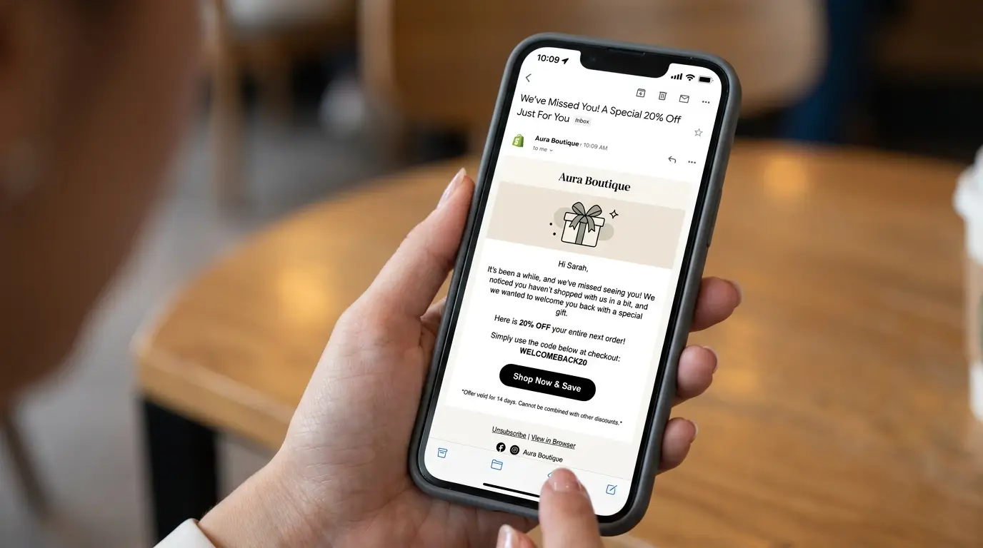 personalized discount email on phone screen for inactive Sho