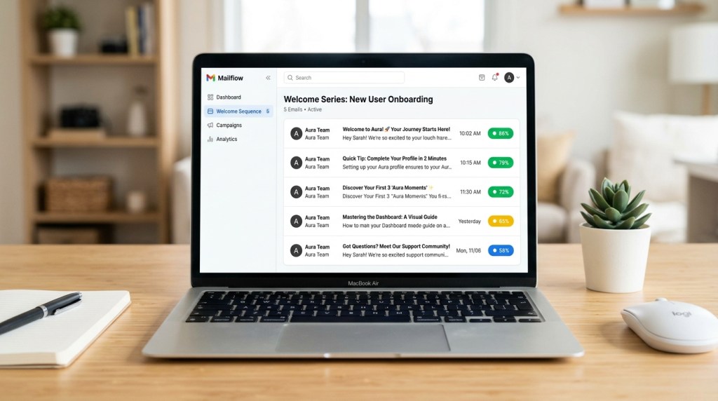 welcome email sequence shown as inbox on laptop screen, 5 em