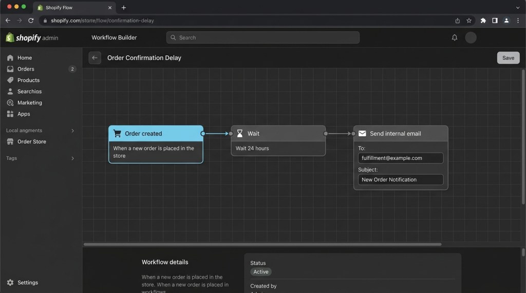 Shopify Flow automation builder interface, workflow diagram