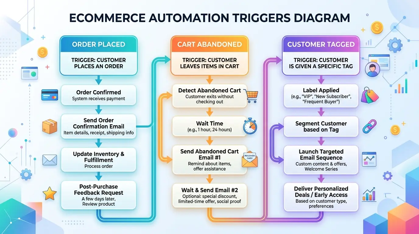 ecommerce automation triggers diagram: order placed, cart ab