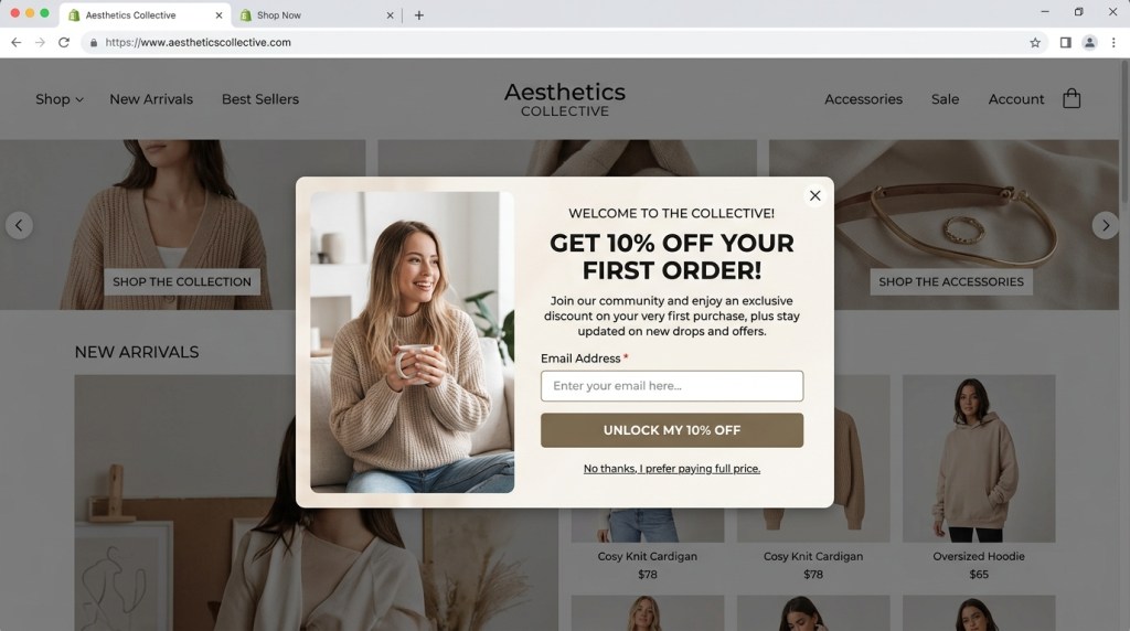 Shopify store popup overlay on desktop browser, email signup