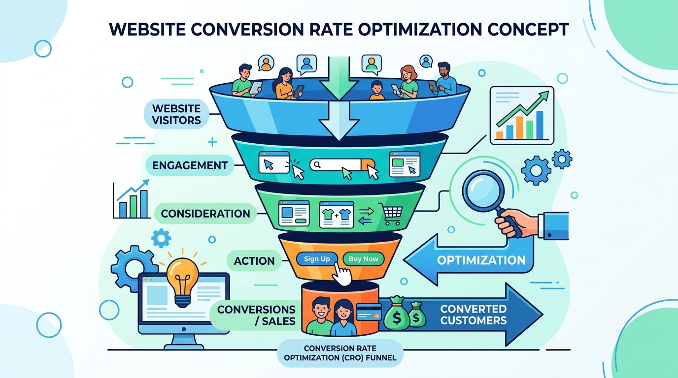 website conversion rate optimization concept, funnel diagram
