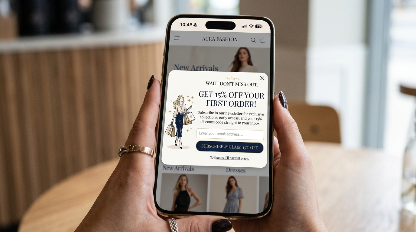 mobile phone showing exit-intent popup for online fashion st