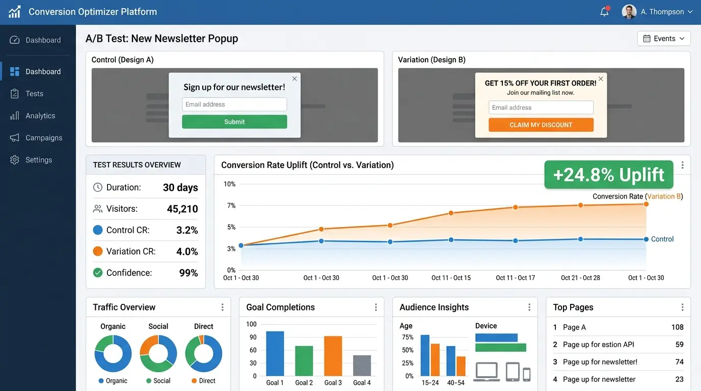 split test A B comparison of two popup designs on screen, an