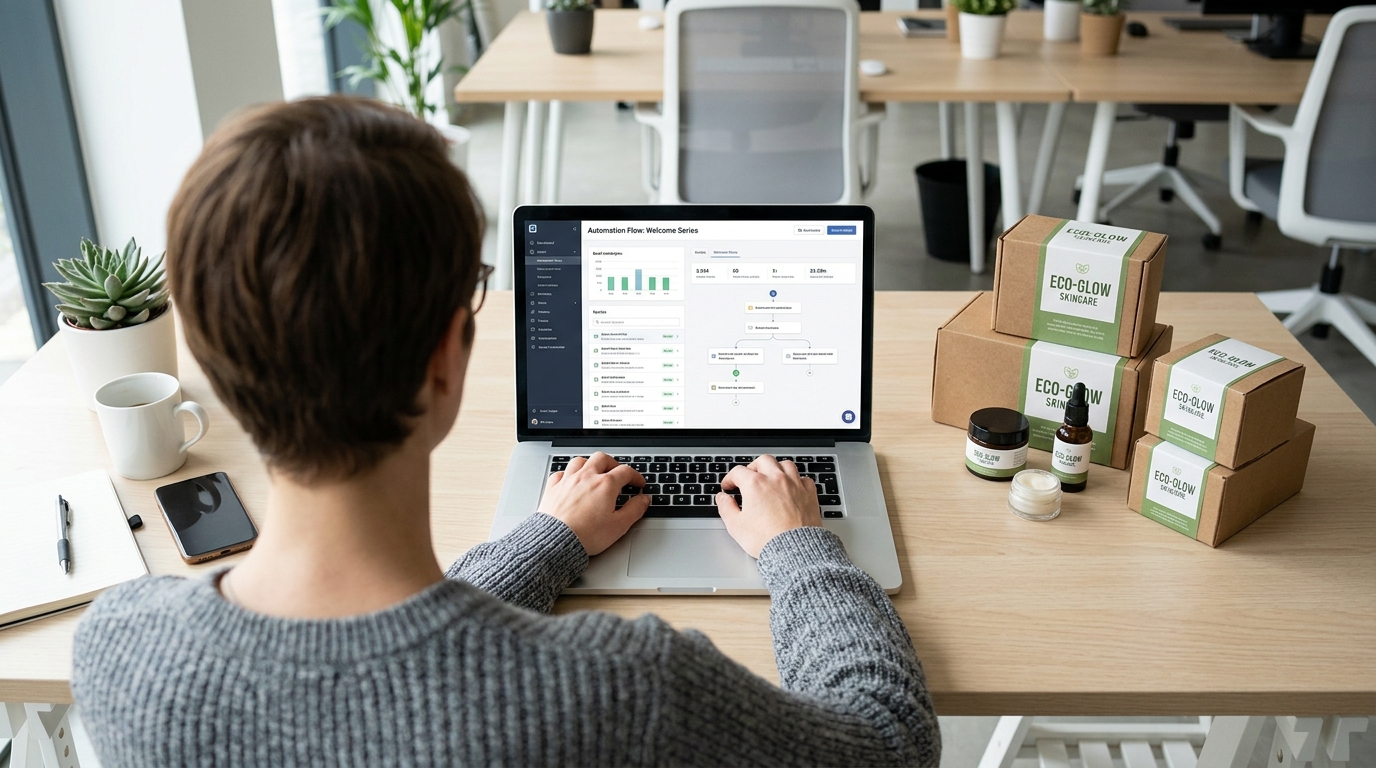 e-commerce store owner setting up email automation on laptop